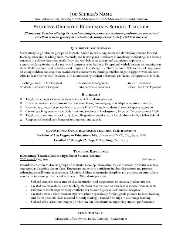 sample teacher resume, sample elementary school teacher resume